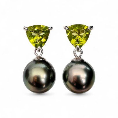 Approx. 9.0 mm, Tahitian Pearl, Peridot Trilliant Shape Stud Earrings Hooks with Dangle Pearl Jacket