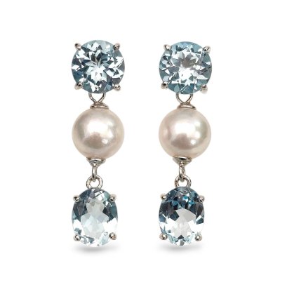 8.1 mm and 8.1 mm, Akoya Pearl, Four Prongs Sky Blue Topaz Dot Stud Earrings with Pearl Drop Jacket