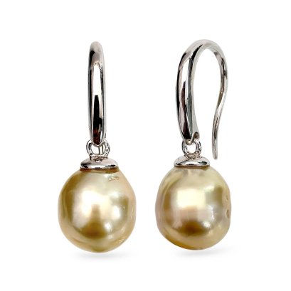 Approx. 9.0 - 9.5 mm, Gold South Sea Pearl, Fish Hooks Dangle Pearl Earrings