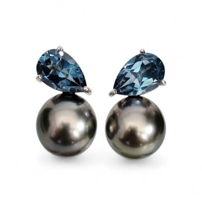 Approx. 10.0 mm, Tahitian Pearl, London Blue Topaz Drop Shape Pearl Stud Earrings