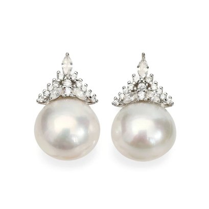 Approx. 11.0 - 11.5 mm, Edison Pearl, Crown CZ Pearl Stud Earrings