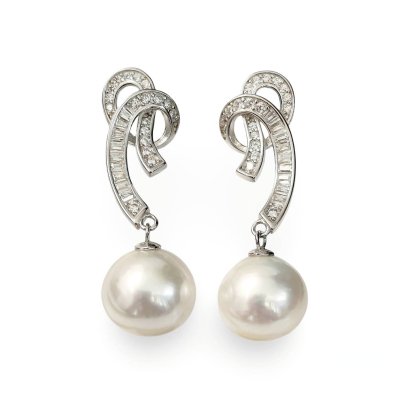 10.2 mm and 10.4 mm, Edison Pearl, Ribbon CZ Dangle Pearl Stud Earrings