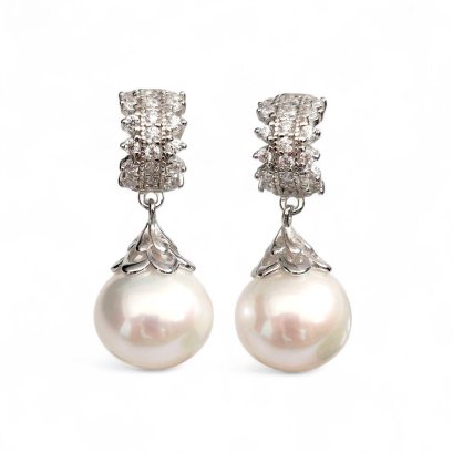 Approx. 10.0 - 10.5 mm, Edison Pearl, Front Curve CZ Paved Dangle Pearl Stud Earrings