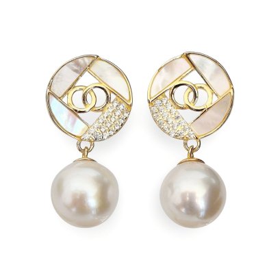 Approx. 8.3 - 8.7 mm, Circle MOP CZ Dangle Pearl Stud Earrings