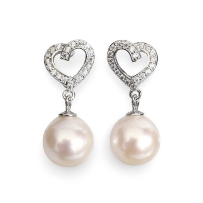 Approx. 8.0 mm, Akoya Pearl. Heart CZ Dangle Pearl Stud Earrings