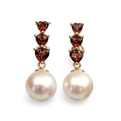 Approx. 8.0 - 8.5 mm, Akoya Pearl, Three Heart Stones Garnet Hook Dangle Pearl Stud Earrings