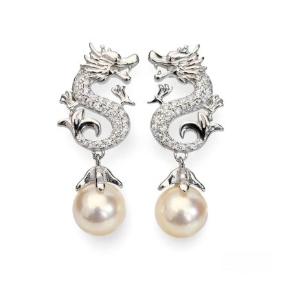 Approx. 7.4 mm, Moonlight Lot, Akoya Pearl, Dragon Dangle Pearl Stud Earrings