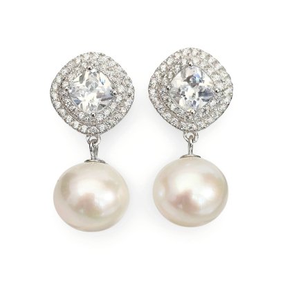 Approx.10.3 - 10.4 mm, Edison Pearl, CZ Cushion Cut Double Halo Dangle Pearl Stud Earrings