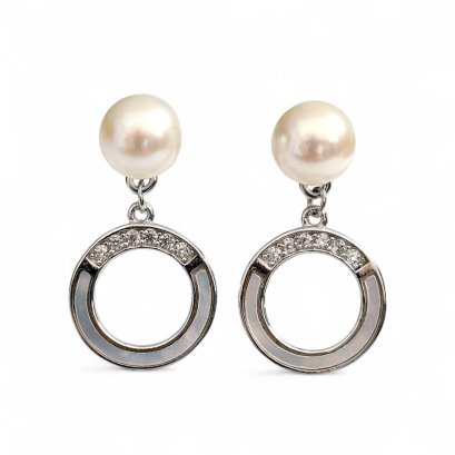 Approx. 6.4 mm, Moonlight Lot, Akoya Pearl, Pearl Stud Earrings Dangle Donut MOP & CZ