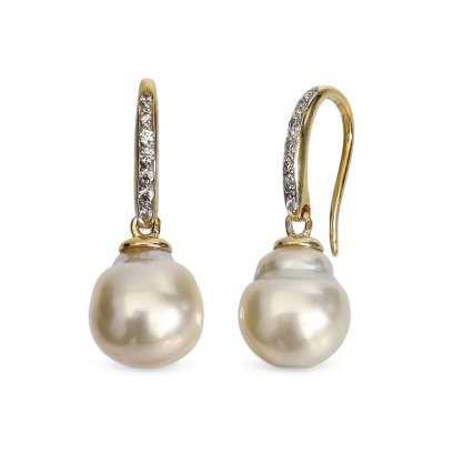9.9 mm and 10.0 mm, Brown Sugar Lot, Gold South Sea Pearl, Fish Hooks Front CZ Paved Dangle Pearl Earrings