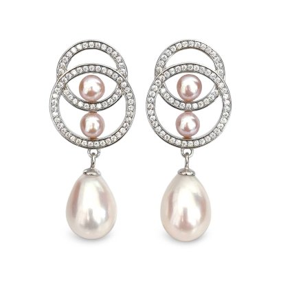 Approx. 4.0 mm and 8.0 mm, Freshwater Pearl, Double Ring Twin Pearl Dangle Pearl Stud Earrings