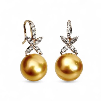 11.1 mm and 11.3 mm, Gold South Sea Pearl, West Indian Jasmine Pearl Fish Hooks Earrings