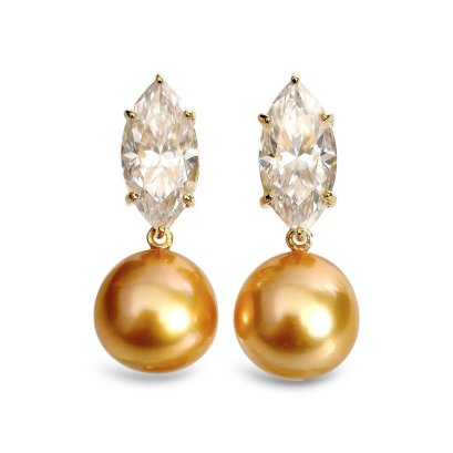 11.6 mm and 11.7 mm, Gold South Sea Pearl, Six Prongs Moissanite Marquise Shape Dangle Pearl Stud Earrings