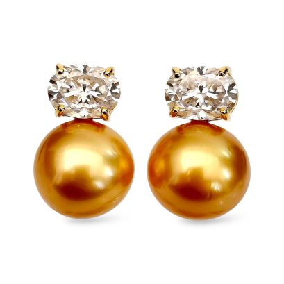 11.3 mm and 11.5 mm, Gold South Sea Pearl, Diamond Dot Oval Shape Pearl Stud Earrings