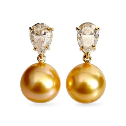 11.2 mm and 11.3 mm, Gold South Sea Pearl, Five Prongs Moissanite Drop Shape Dangle Pearl Stud Earrings