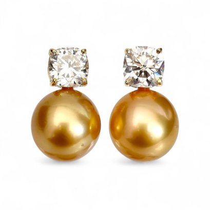 11.3 mm and 11.4 mm, Gold South Sea Pearl, Moissanite Round Shape Dot Pearl Earrings