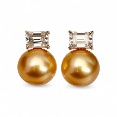 12.1 mm and 12.3 mm, Gold South Sea Pearl, Moissanite Emerald Cut Dot Pearl Earrings