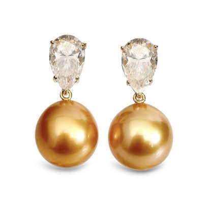 12.5 mm and 12.7 mm, Gold South Sea Pearl, Five Prongs Drop Shape Dangle Pearl Stud Earrings