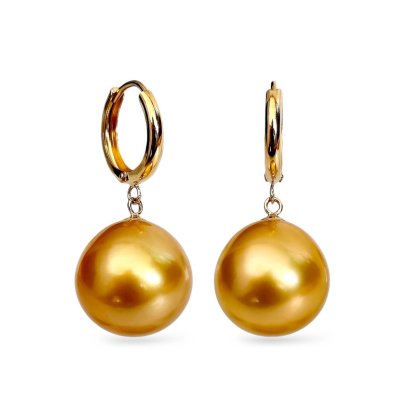 11.6 mm and 11.8 mm, Gold South Sea Pearl, Small Hoops Dangle Pearl Earrings