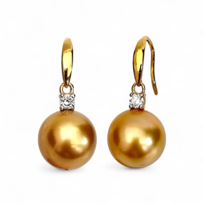 11.2 mm and 11.4 mm, Gold South Sea Pearl, Diamond Dot Pearl Fish Hooks Earrings