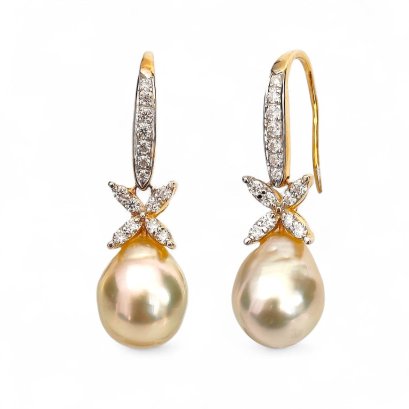 Approx. 9.6 - 9.7 mm, Brown Sugar Lot, Gold South Sea Pearl, West Indian Jasmine Dangle Pearl Fish Hooks Earrings