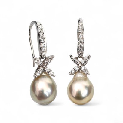 9.2 mm and 9.4 mm, Brown Sugar Lot, Gold South Sea Pearl, West Indian Jasmine Dangle Pearl Fish Hooks Earrings