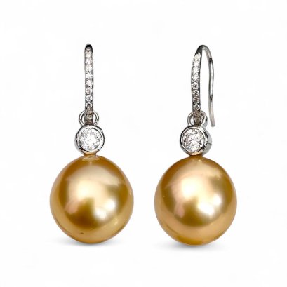 Approx. 11.0 - 11.5 mm, Gold South Sea Pearl, Fish Hooks Front Moissanite Paved Earrings with Moissanite Dot Pearl Drop Jacket