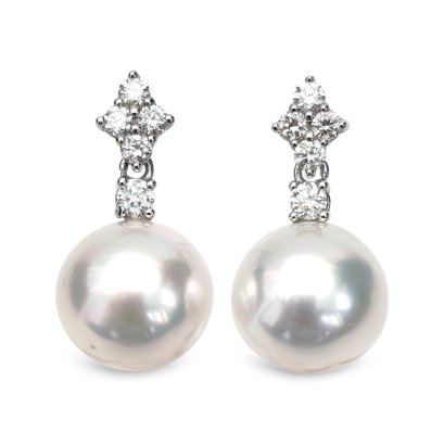 12.1 mm and 12.2 mm, White South Sea Pearl, Rhombus Diamond Dot Dangle Pearl Stud Earrings