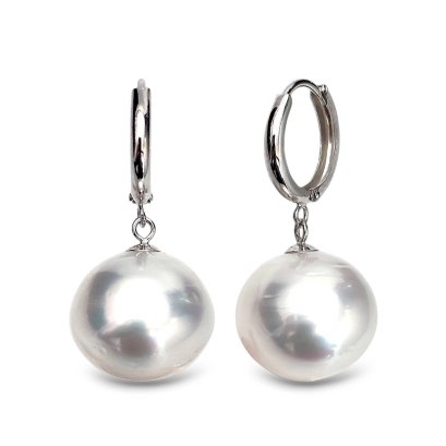 Approx. 12.0 mm up, White South Sea Pearl, Small Hoops Dangle Pearl Earrings