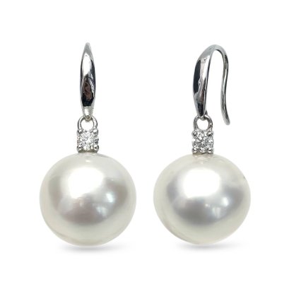 Approx. 13.0 mm up, White South Sea Pearl, Fish Hooks Diamond Dot Dangle Pearl Earrings