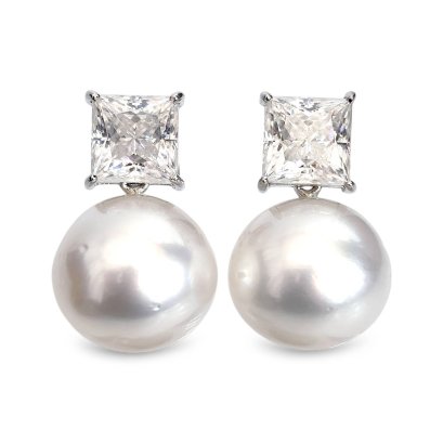 13.3 mm and 13.5 mm, White South Sea Pearl, Moissanite Princess Cut Dangle Pearl Stud Earrings