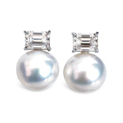 12.4 mm and 12.4 mm, White South Sea Pearl, Four Prongs Moissanite Solitaire Pearl Stud Earrings