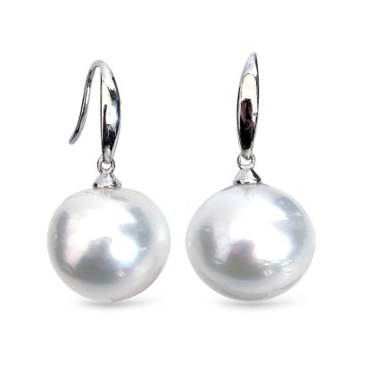 12.7 mm and 12.9 mm, White South Sea Pearl, Fish Hooks Dangle Pearl Earrings
