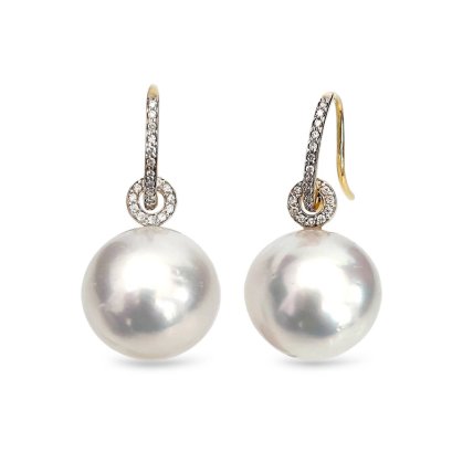 12.1 mm and 12.0 mm, White South Sea Pearl, Fish Hooks Pearl Jacket Diamond Paved Earrings