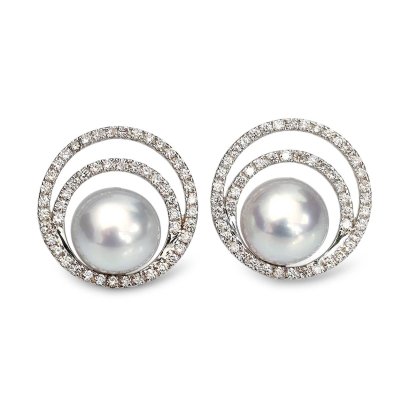9.0 - 9.2 mm, White South Sea Pearl, The Moon Diamond Paved Pearl Stud Earrings