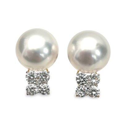 9.1 mm and 9.2 mm, White South Sea Pearl, Diamond Pearl Earrings