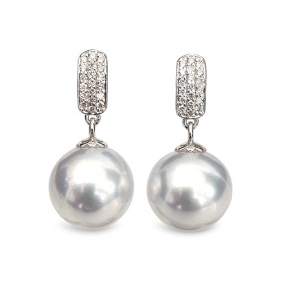 9.9 mm and 10.2 mm, White South Sea Pearl, Diamond Paved Plate Dangle Pearl Stud Earrings
