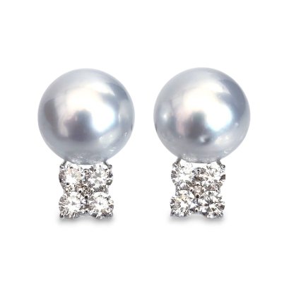 9.1 mm and 9.1 mm, White South Sea Pearl, Pearl Diamond Stud Earrings