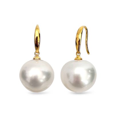 Approx. 12.5 - 13.0 mm, White South Sea Pearl, Fish Hooks Dangle Pearl Earrings