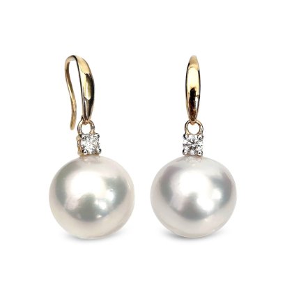 Approx. 12.0 - 12.5 mm, White South Sea Pearl, Fish Hooks Diamond Dot Pearl Earrings