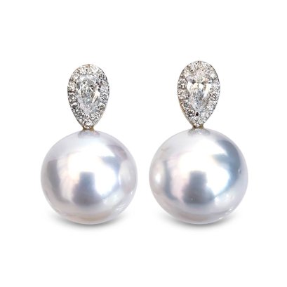 9.1 mm and 9.2 mm, White South Sea Pearl, Drop Diamond Paved Pearl Stud Earrings