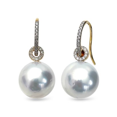 10.6 mm and 10.8 mm, White South Sea Pearl, Fish Hooks Front Diamond Paved Earrings with Donut Diamond  Pearl Jacket