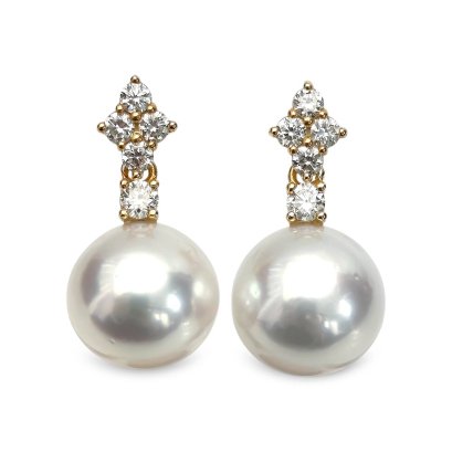 11.7 mm and 11.8 mm, White South Sea Pearl, Rhombus Diamond, Diamond Dot Pearl Dtud Earrings