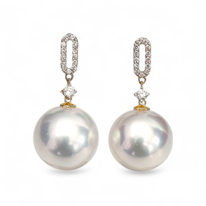 Approx. 11.0 - 11.5 mm, White South Sea Pearl, O Rings Diamond Paved Dangle Pearl Stud Earrings