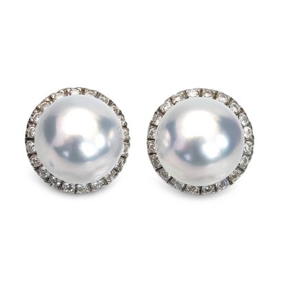 9.5 mm and 9.5 mm, White South Sea Pearl, Stud Earrings with Diamond Jacket