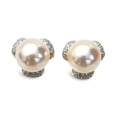 Approx. 6.0 mm, Moonlight Lot, Akoya Pearl, Stud Pearl Earrings with Clover Leaf Jacket Diamond Paved