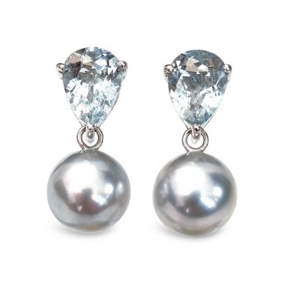 Approx. 8.0 - 8.5 mm, Blue Rose, Akoya Pearl, Aquamarine Light Pear Shape Dangle Pearl Stud Earrings
