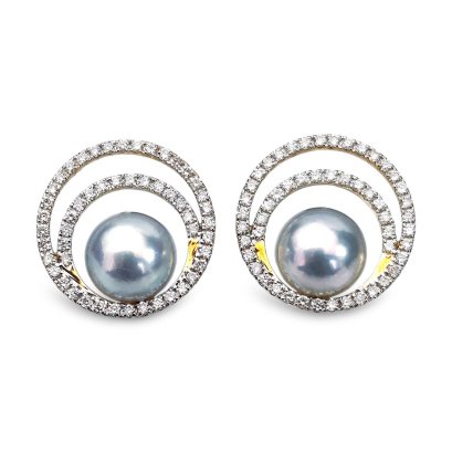 Approx. 8.0 - 8.5 mm, Blue Rose, Akoya Pearl, Double Ring Diamond Paved Pearl Stud Earrings