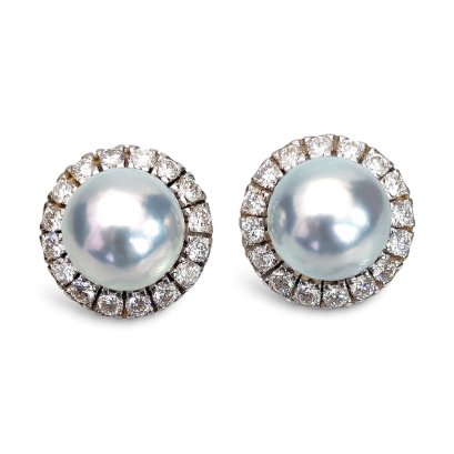 8.4 mm and 8.4 mm, Blue Rose, Akoya Pearl, Pearl Stud Earrings with Halo Diamond Jacket