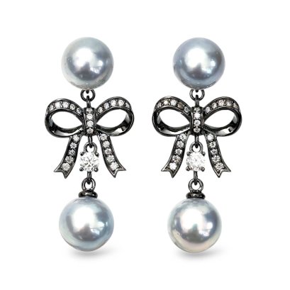 Approx. 8.0 mm, Blue Rose, Akoya Pearl, Bow Double Pearl Stud Earrings